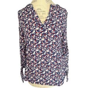 Cynthia Rowley Floral V-Neck Blouse, Red White Blue Print, 3/4 Tie Sleeve, M